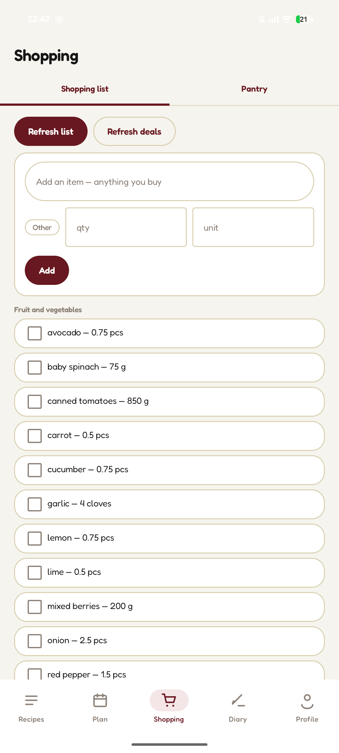 A shopping list grouped by aisle